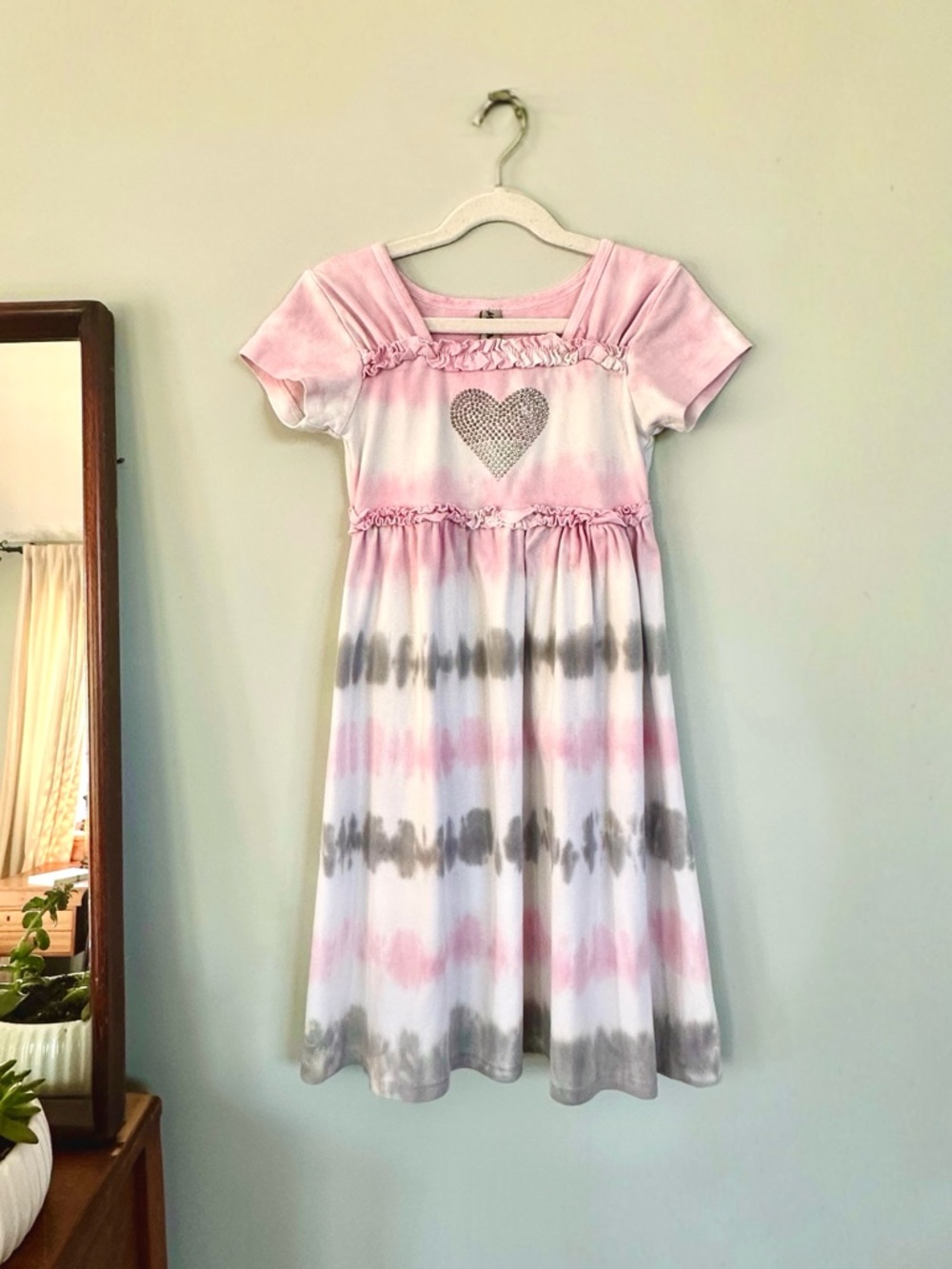 Vintage Mignone Girls Tie Dye Dress Rhinestone Heart Ruffle Empire Waist Size 8